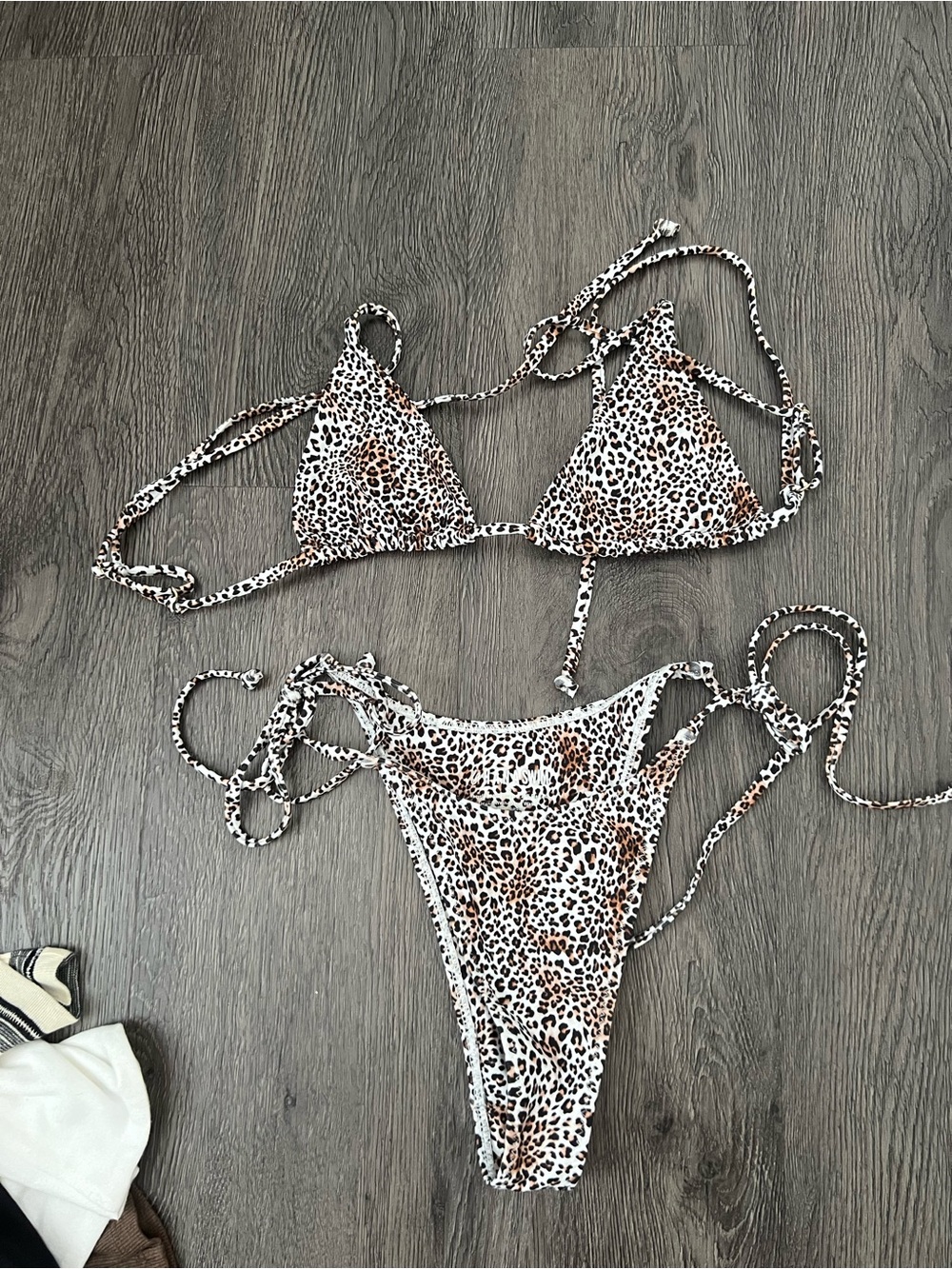 Leopard Print Tie-Side Bandeau Bikini Top and Bottom - Brown/White
